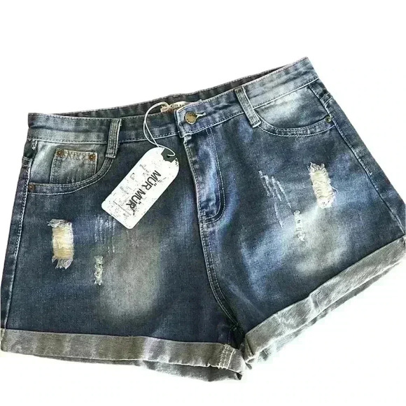 NWT Mur Mur Highrise Med Wash Distress Webbed Cuffed Denim Jean Shorts Size L - Picture 1 of 12